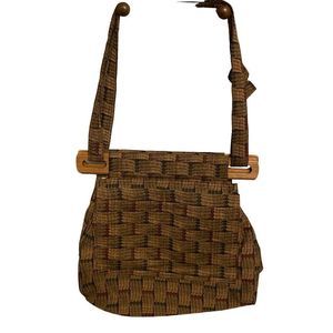 Vintage Brown pattern cloth purse handbag with wooden opening
